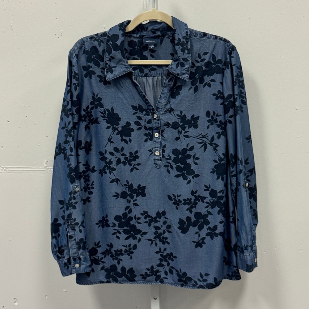 J. Jill‎ Denim Floral Tencel Lyocell Henley Tunic Top XL Long Sleeve Roll Tab